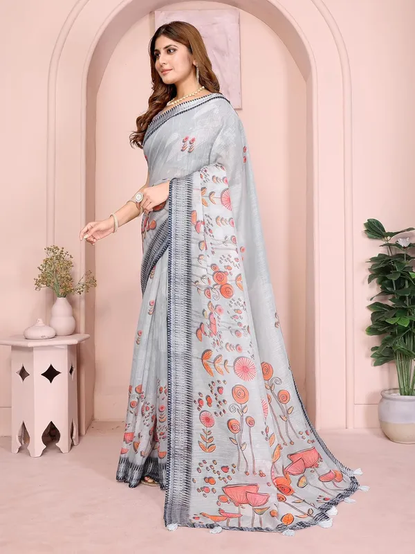 Women's_Linen_Cotton_Saree_for_Women_|_Floral_&_Leaf_Print_|_Soft_&_Breathable_Fabric_|_For_Traditional,_Festive_&_Wedding_|_5.5m_Saree_+_0.8m_Blouse_Piece_(Light_Grey_with_Navy)