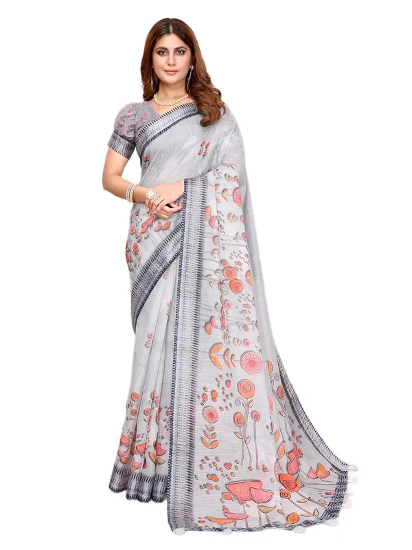Women's_Linen_Cotton_Saree_for_Women_|_Floral_&_Leaf_Print_|_Soft_&_Breathable_Fabric_|_For_Traditional,_Festive_&_Wedding_|_5.5m_Saree_+_0.8m_Blouse_Piece_(Light_Grey_with_Navy)