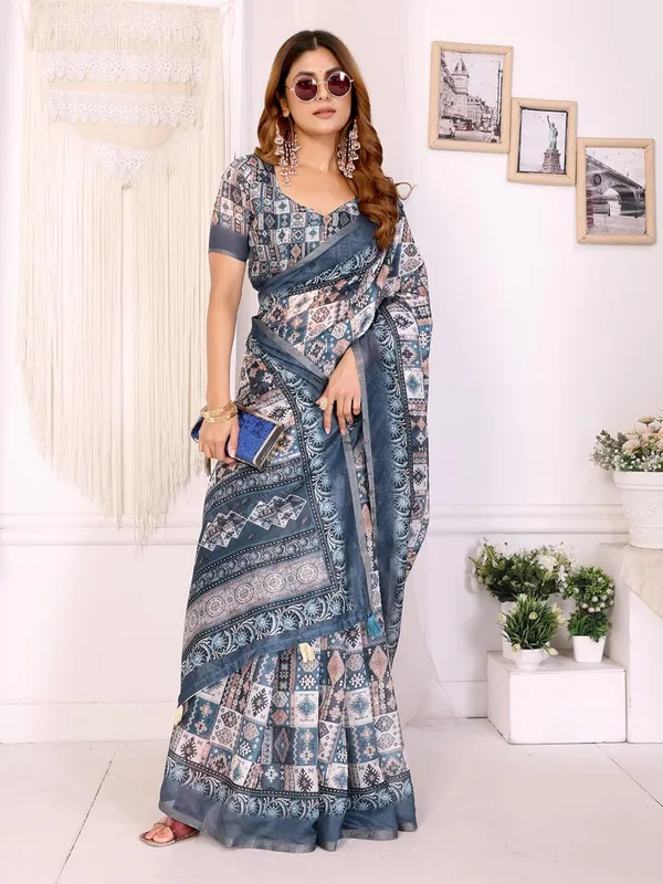 Women's_Elegant_Chanderi_Saree_with_Digital_Prints_|_Floral,_Leaf,_Geometric_&_Ethnic_Designs_|_Traditional,_Festive_&_Wedding_|_5.5m_Saree_+_0.8m_Blouse_(Grey_with_Sky_Blue)