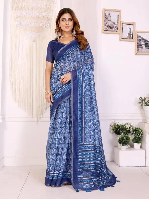 Women's_Elegant_Chanderi_Saree_with_Digital_Prints_|_Floral,_Leaf,_Geometric_&_Ethnic_Designs_|_Traditional,_Festive_&_Wedding_|_5.5m_Saree_+_0.8m_Blouse_(Royal_Blue_with_Navy_Blue)