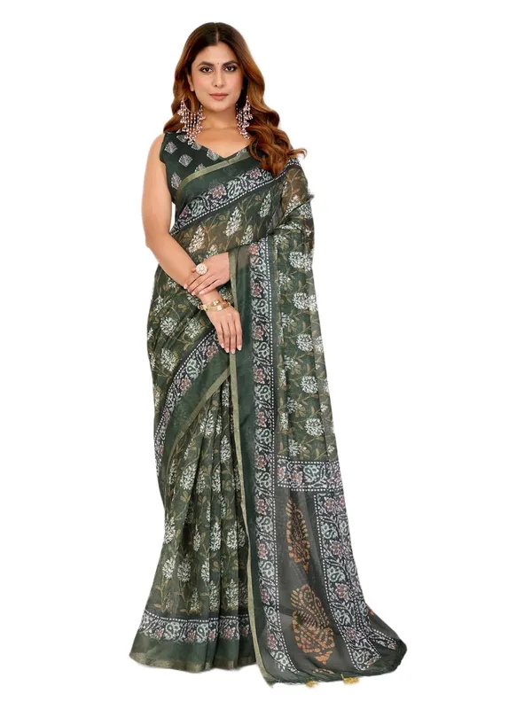 Women's_Elegant_Chanderi_Saree_with_Digital_Prints_|_Floral,_Leaf,_Geometric_&_Ethnic_Designs_|_Traditional,_Festive_&_Wedding_|_5.5m_Saree_+_0.8m_Blouse_(Deep_Olive_Green_with_Multicolor)