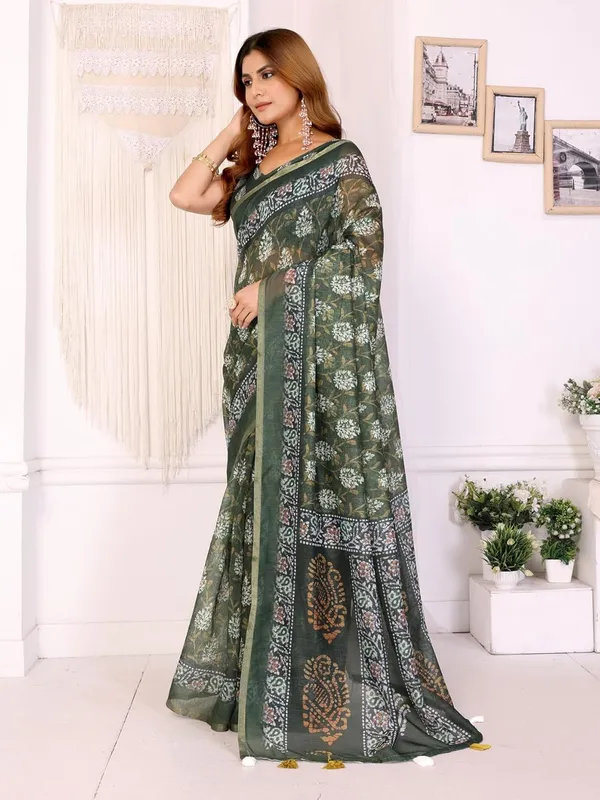 Women's_Elegant_Chanderi_Saree_with_Digital_Prints_|_Floral,_Leaf,_Geometric_&_Ethnic_Designs_|_Traditional,_Festive_&_Wedding_|_5.5m_Saree_+_0.8m_Blouse_(Deep_Olive_Green_with_Multicolor)