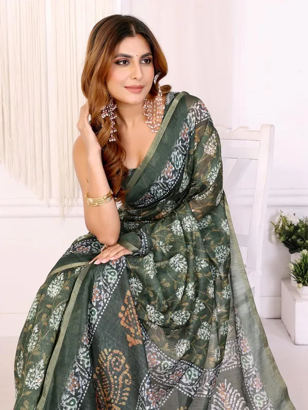 Women's_Elegant_Chanderi_Saree_with_Digital_Prints_|_Floral,_Leaf,_Geometric_&_Ethnic_Designs_|_Traditional,_Festive_&_Wedding_|_5.5m_Saree_+_0.8m_Blouse_(Deep_Olive_Green_with_Multicolor)