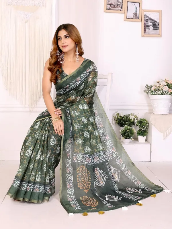 Women's_Elegant_Chanderi_Saree_with_Digital_Prints_|_Floral,_Leaf,_Geometric_&_Ethnic_Designs_|_Traditional,_Festive_&_Wedding_|_5.5m_Saree_+_0.8m_Blouse_(Deep_Olive_Green_with_Multicolor)