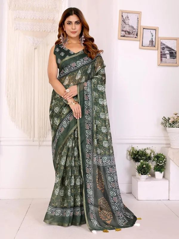 Women's_Elegant_Chanderi_Saree_with_Digital_Prints_|_Floral,_Leaf,_Geometric_&_Ethnic_Designs_|_Traditional,_Festive_&_Wedding_|_5.5m_Saree_+_0.8m_Blouse_(Deep_Olive_Green_with_Multicolor)
