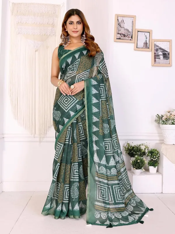 Women's_Elegant_Chanderi_Saree_with_Digital_Prints_|_Floral,_Leaf,_Geometric_&_Ethnic_Designs_|_Traditional,_Festive_&_Wedding_|_5.5m_Saree_+_0.8m_Blouse_(Bottle_Green_with_White_&_Mustard)
