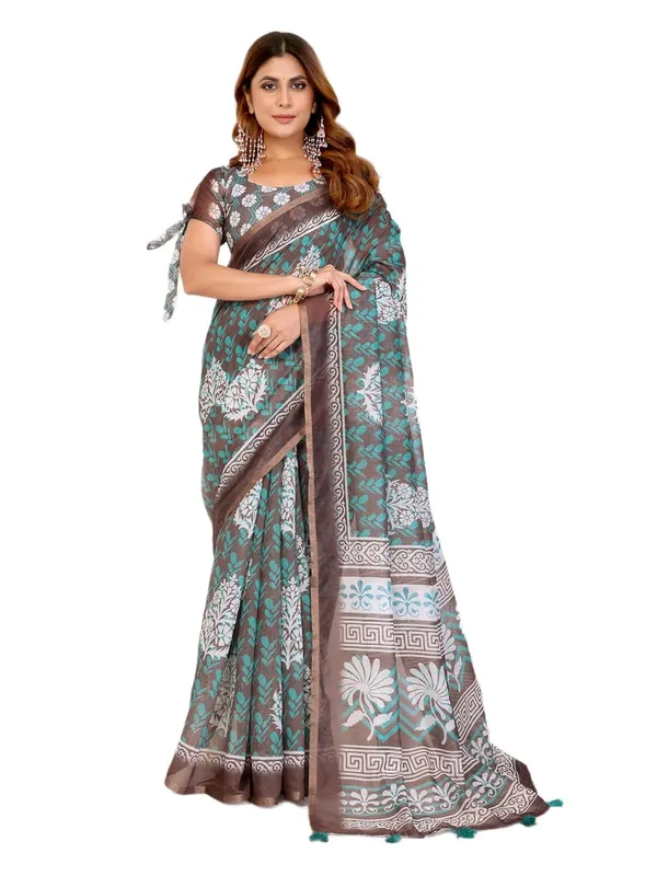 Women's_Elegant_Chanderi_Saree_with_Digital_Prints_|_Floral,_Leaf,_Geometric_&_Ethnic_Designs_|_Traditional,_Festive_&_Wedding_|_5.5m_Saree_+_0.8m_Blouse_(Brown_with_Turquoise_&_White)