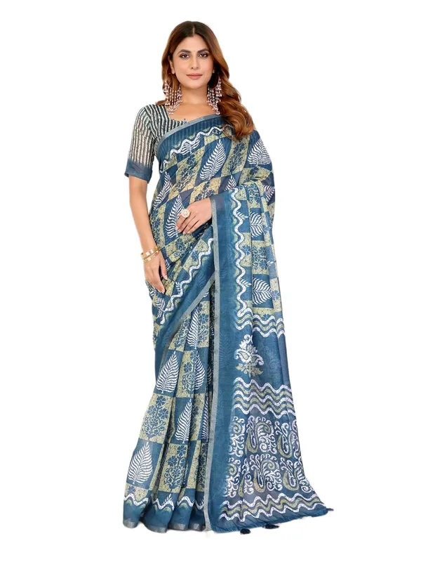 Women's_Elegant_Chanderi_Saree_with_Digital_Prints_|_Floral,_Leaf,_Geometric_&_Ethnic_Designs_|_Traditional,_Festive_&_Wedding_|_5.5m_Saree_+_0.8m_Blouse_(Blue_with_Green_&_White)