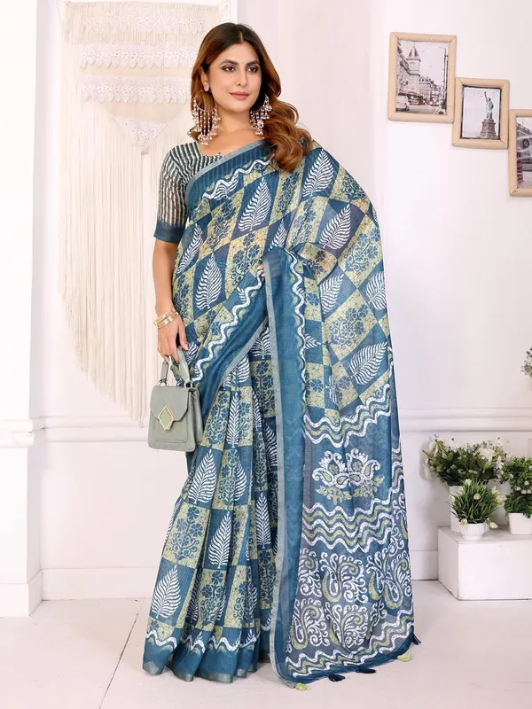 Women's_Elegant_Chanderi_Saree_with_Digital_Prints_|_Floral,_Leaf,_Geometric_&_Ethnic_Designs_|_Traditional,_Festive_&_Wedding_|_5.5m_Saree_+_0.8m_Blouse_(Blue_with_Green_&_White)
