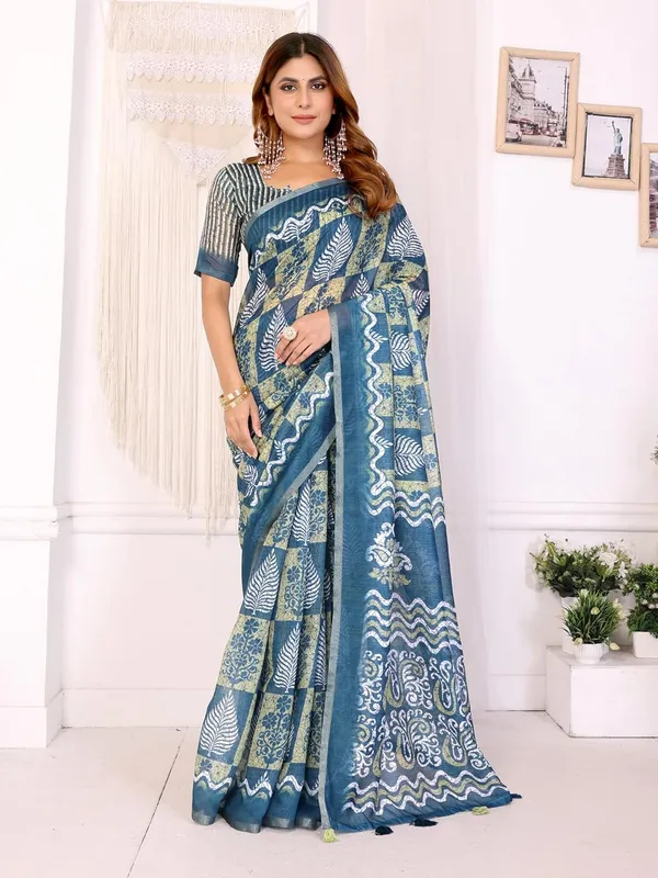 Women's_Elegant_Chanderi_Saree_with_Digital_Prints_|_Floral,_Leaf,_Geometric_&_Ethnic_Designs_|_Traditional,_Festive_&_Wedding_|_5.5m_Saree_+_0.8m_Blouse_(Blue_with_Green_&_White)