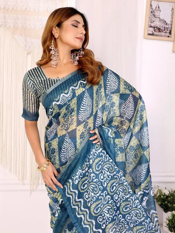 Women's_Elegant_Chanderi_Saree_with_Digital_Prints_|_Floral,_Leaf,_Geometric_&_Ethnic_Designs_|_Traditional,_Festive_&_Wedding_|_5.5m_Saree_+_0.8m_Blouse_(Blue_with_Green_&_White)