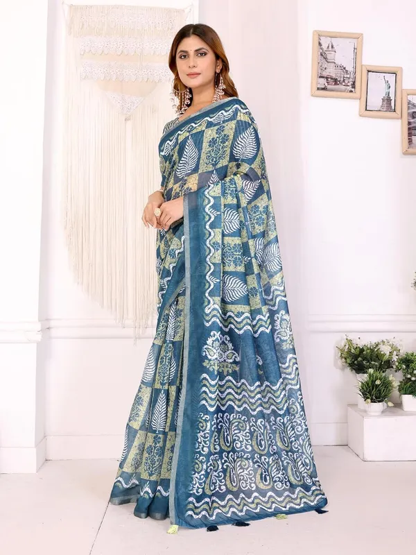 Women's_Elegant_Chanderi_Saree_with_Digital_Prints_|_Floral,_Leaf,_Geometric_&_Ethnic_Designs_|_Traditional,_Festive_&_Wedding_|_5.5m_Saree_+_0.8m_Blouse_(Blue_with_Green_&_White)
