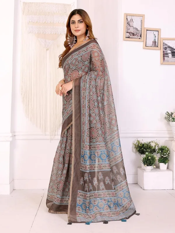 Women's_Elegant_Chanderi_Saree_with_Digital_Prints_|_Floral,_Leaf,_Geometric_&_Ethnic_Designs_|_Traditional,_Festive_&_Wedding_|_5.5m_Saree_+_0.8m_Blouse_(Brown_with_Blue_&_Maroon)