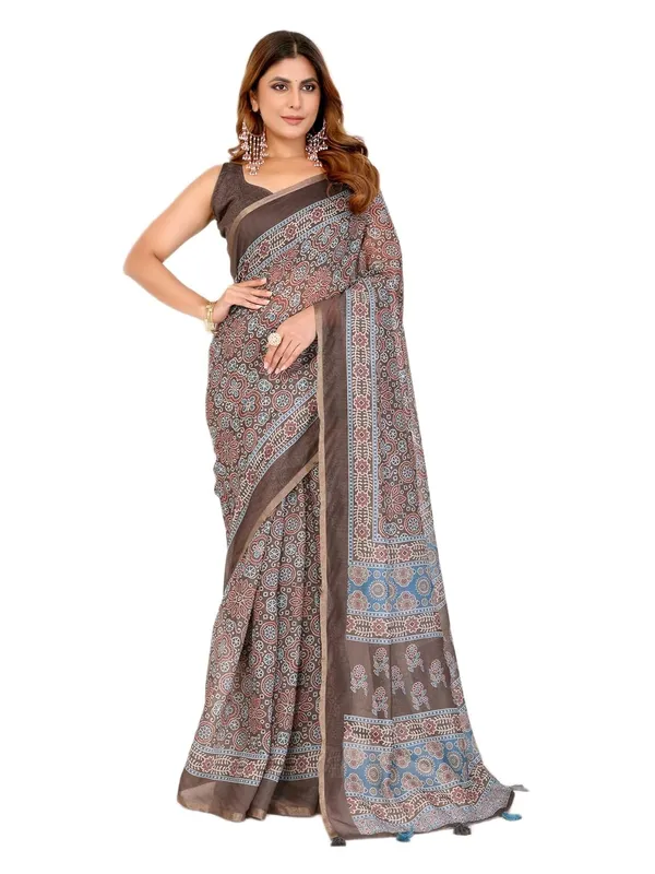 Women's_Elegant_Chanderi_Saree_with_Digital_Prints_|_Floral,_Leaf,_Geometric_&_Ethnic_Designs_|_Traditional,_Festive_&_Wedding_|_5.5m_Saree_+_0.8m_Blouse_(Brown_with_Blue_&_Maroon)