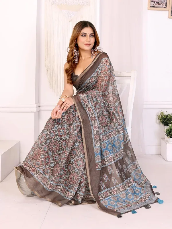 Women's_Elegant_Chanderi_Saree_with_Digital_Prints_|_Floral,_Leaf,_Geometric_&_Ethnic_Designs_|_Traditional,_Festive_&_Wedding_|_5.5m_Saree_+_0.8m_Blouse_(Brown_with_Blue_&_Maroon)