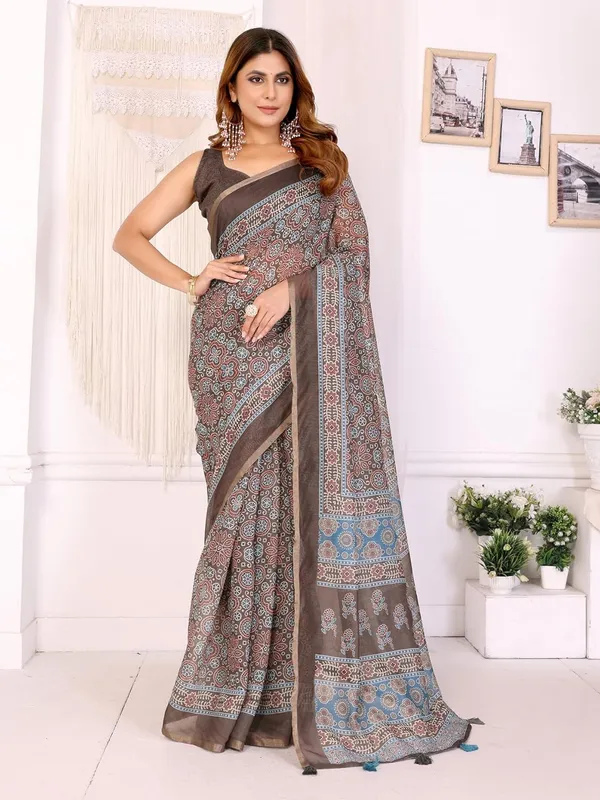 Women's_Elegant_Chanderi_Saree_with_Digital_Prints_|_Floral,_Leaf,_Geometric_&_Ethnic_Designs_|_Traditional,_Festive_&_Wedding_|_5.5m_Saree_+_0.8m_Blouse_(Brown_with_Blue_&_Maroon)