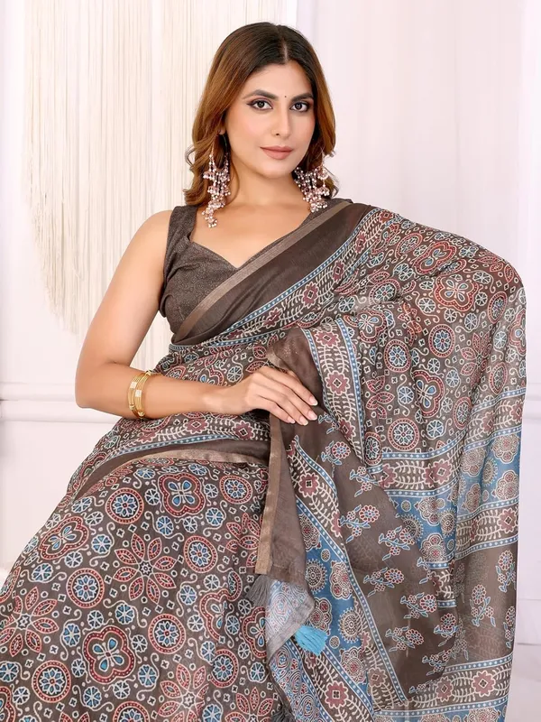 Women's_Elegant_Chanderi_Saree_with_Digital_Prints_|_Floral,_Leaf,_Geometric_&_Ethnic_Designs_|_Traditional,_Festive_&_Wedding_|_5.5m_Saree_+_0.8m_Blouse_(Brown_with_Blue_&_Maroon)