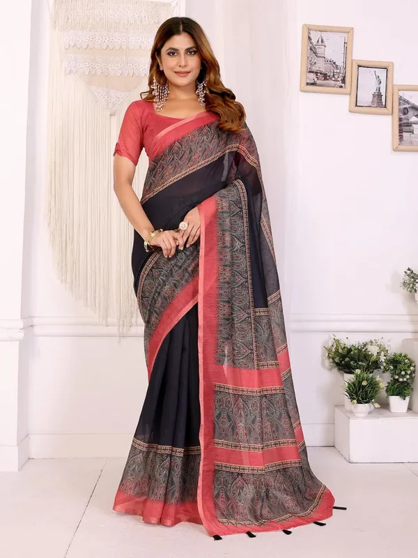 Women's_Elegant_Chanderi_Saree_with_Digital_Prints_|_Floral,_Leaf,_Geometric_&_Ethnic_Designs_|_Traditional,_Festive_&_Wedding_|_5.5m_Saree_+_0.8m_Blouse_(Black_with_Reddish_Pink)
