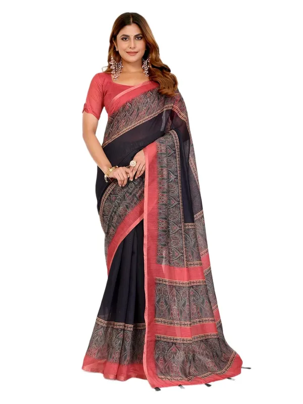 Women's_Elegant_Chanderi_Saree_with_Digital_Prints_|_Floral,_Leaf,_Geometric_&_Ethnic_Designs_|_Traditional,_Festive_&_Wedding_|_5.5m_Saree_+_0.8m_Blouse_(Black_with_Reddish_Pink)