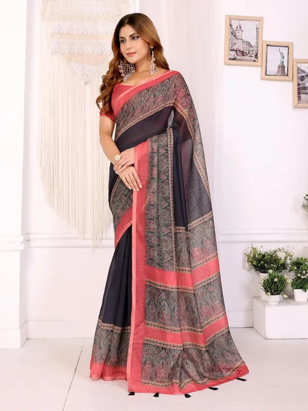 Women's_Elegant_Chanderi_Saree_with_Digital_Prints_|_Floral,_Leaf,_Geometric_&_Ethnic_Designs_|_Traditional,_Festive_&_Wedding_|_5.5m_Saree_+_0.8m_Blouse_(Black_with_Reddish_Pink)