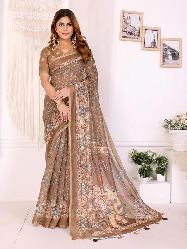 Women's_Elegant_Chanderi_Saree_with_Digital_Prints_|_Floral,_Leaf,_Geometric_&_Ethnic_Designs_|_Traditional,_Festive_&_Wedding_|_5.5m_Saree_+_0.8m_Blouse_(Coffee_Brown_with_Multi-color)