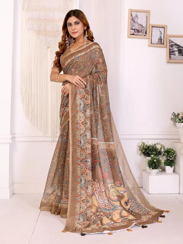 Women's_Elegant_Chanderi_Saree_with_Digital_Prints_|_Floral,_Leaf,_Geometric_&_Ethnic_Designs_|_Traditional,_Festive_&_Wedding_|_5.5m_Saree_+_0.8m_Blouse_(Coffee_Brown_with_Multi-color)