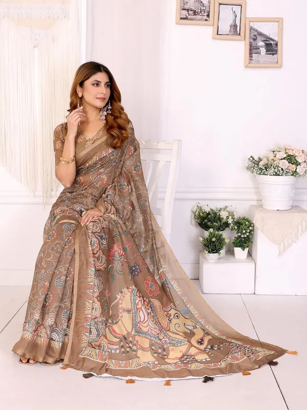 Women's_Elegant_Chanderi_Saree_with_Digital_Prints_|_Floral,_Leaf,_Geometric_&_Ethnic_Designs_|_Traditional,_Festive_&_Wedding_|_5.5m_Saree_+_0.8m_Blouse_(Coffee_Brown_with_Multi-color)