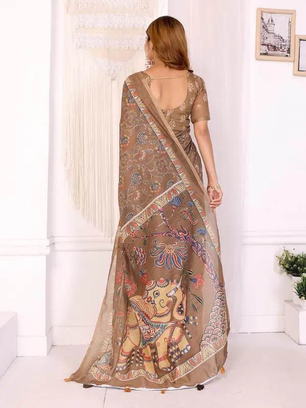 Women's_Elegant_Chanderi_Saree_with_Digital_Prints_|_Floral,_Leaf,_Geometric_&_Ethnic_Designs_|_Traditional,_Festive_&_Wedding_|_5.5m_Saree_+_0.8m_Blouse_(Coffee_Brown_with_Multi-color)
