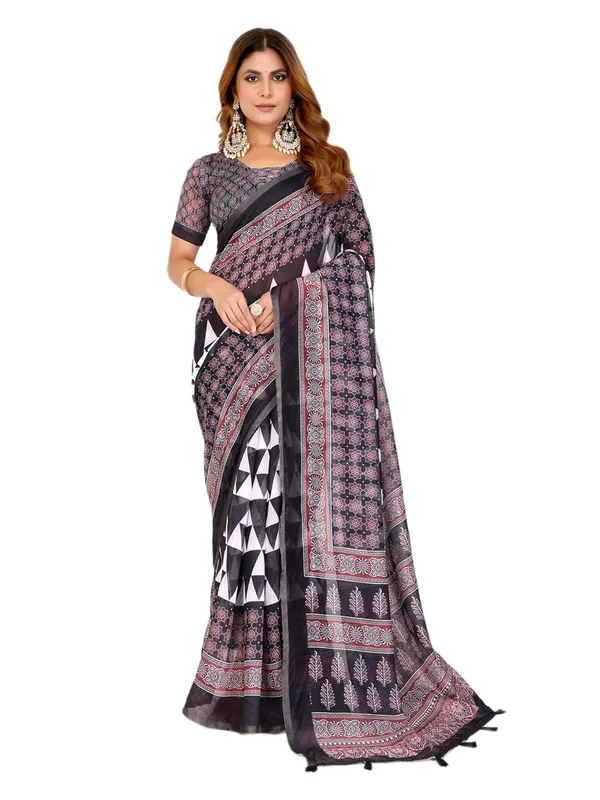Women's_Elegant_Chanderi_Saree_with_Digital_Prints_|_Floral,_Leaf,_Geometric_&_Ethnic_Designs_|_Traditional,_Festive_&_Wedding_|_5.5m_Saree_+_0.8m_Blouse_(Black_with_Maroon_&_White)