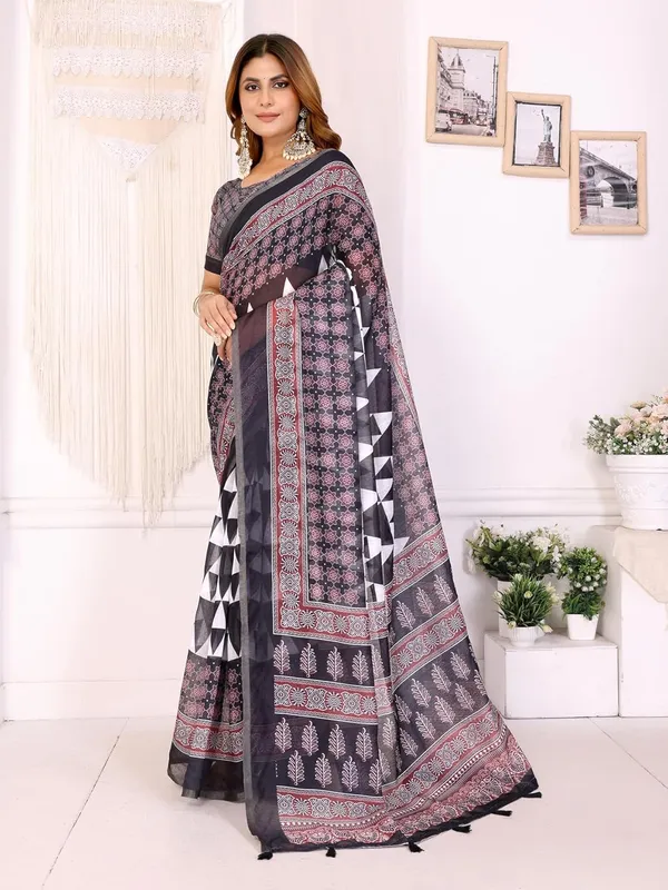 Women's_Elegant_Chanderi_Saree_with_Digital_Prints_|_Floral,_Leaf,_Geometric_&_Ethnic_Designs_|_Traditional,_Festive_&_Wedding_|_5.5m_Saree_+_0.8m_Blouse_(Black_with_Maroon_&_White)