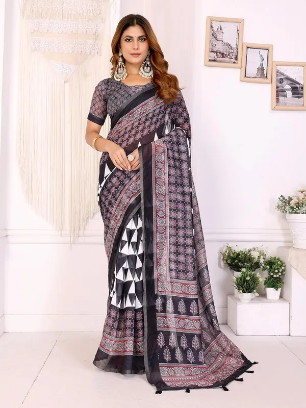 Women's_Elegant_Chanderi_Saree_with_Digital_Prints_|_Floral,_Leaf,_Geometric_&_Ethnic_Designs_|_Traditional,_Festive_&_Wedding_|_5.5m_Saree_+_0.8m_Blouse_(Black_with_Maroon_&_White)