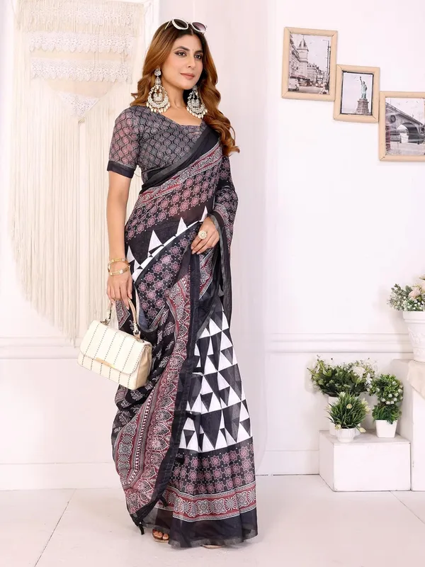 Women's_Elegant_Chanderi_Saree_with_Digital_Prints_|_Floral,_Leaf,_Geometric_&_Ethnic_Designs_|_Traditional,_Festive_&_Wedding_|_5.5m_Saree_+_0.8m_Blouse_(Black_with_Maroon_&_White)