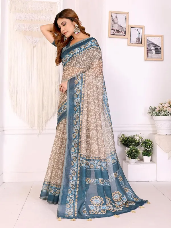 Women's_Elegant_Chanderi_Saree_with_Digital_Prints_|_Floral,_Leaf,_Geometric_&_Ethnic_Designs_|_Traditional,_Festive_&_Wedding_|_5.5m_Saree_+_0.8m_Blouse_(Beige_with_Teal_Blue)