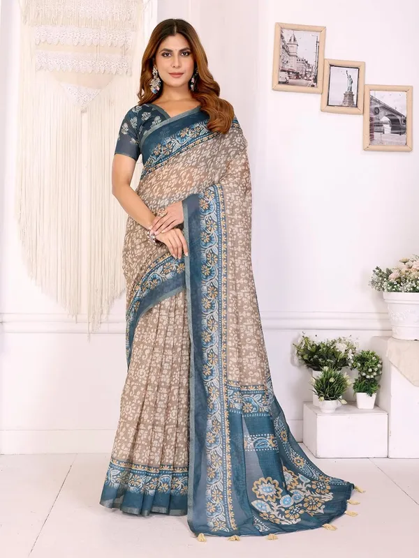 Women's_Elegant_Chanderi_Saree_with_Digital_Prints_|_Floral,_Leaf,_Geometric_&_Ethnic_Designs_|_Traditional,_Festive_&_Wedding_|_5.5m_Saree_+_0.8m_Blouse_(Beige_with_Teal_Blue)