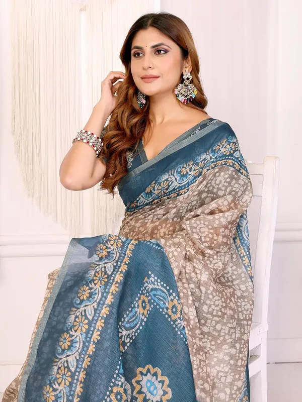 Women's_Elegant_Chanderi_Saree_with_Digital_Prints_|_Floral,_Leaf,_Geometric_&_Ethnic_Designs_|_Traditional,_Festive_&_Wedding_|_5.5m_Saree_+_0.8m_Blouse_(Beige_with_Teal_Blue)