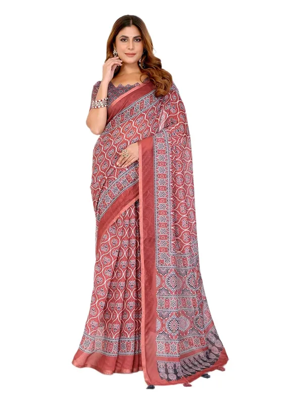 Women's_Elegant_Chanderi_Saree_with_Digital_Prints_|_Floral,_Leaf,_Geometric_&_Ethnic_Designs_|_Traditional,_Festive_&_Wedding_|_5.5m_Saree_+_0.8m_Blouse_(Rust_Red_with_Black_&_White)