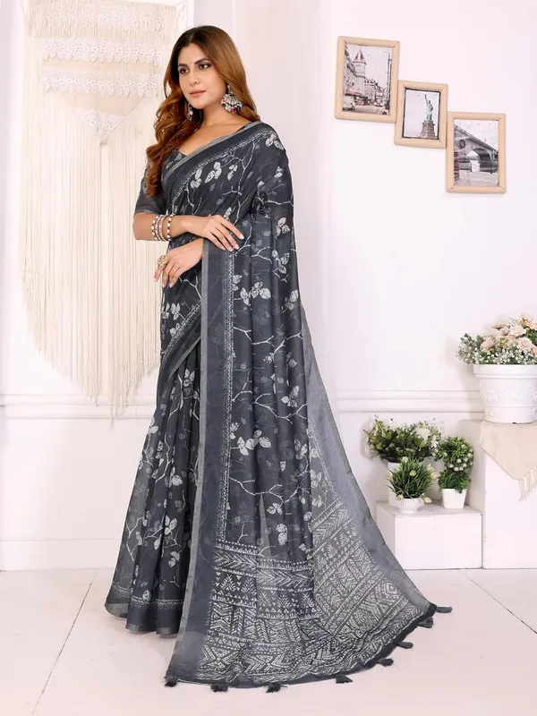 Women's_Elegant_Chanderi_Saree_with_Digital_Prints_|_Floral,_Leaf,_Geometric_&_Ethnic_Designs_|_Traditional,_Festive_&_Wedding_|_5.5m_Saree_+_0.8m_Blouse_(Charcoal_Grey_with_White)