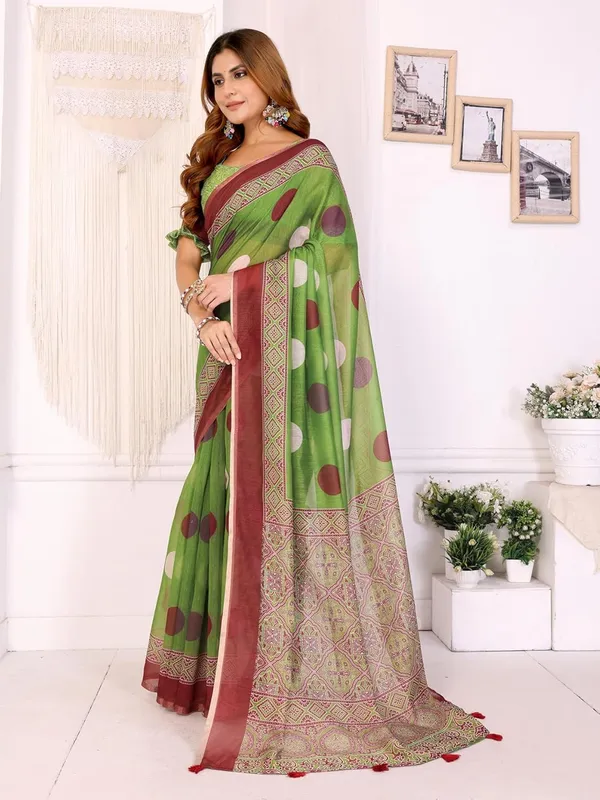 Women's_Elegant_Chanderi_Saree_with_Digital_Prints_|_Floral,_Leaf,_Geometric_&_Ethnic_Designs_|_Traditional,_Festive_&_Wedding_|_5.5m_Saree_+_0.8m_Blouse_(Green_with_Multi-color)