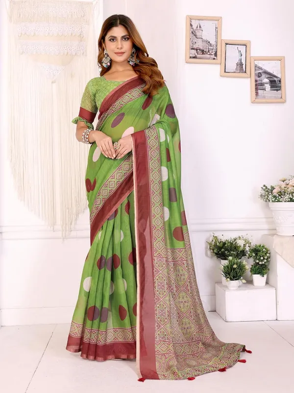 Women's_Elegant_Chanderi_Saree_with_Digital_Prints_|_Floral,_Leaf,_Geometric_&_Ethnic_Designs_|_Traditional,_Festive_&_Wedding_|_5.5m_Saree_+_0.8m_Blouse_(Green_with_Multi-color)