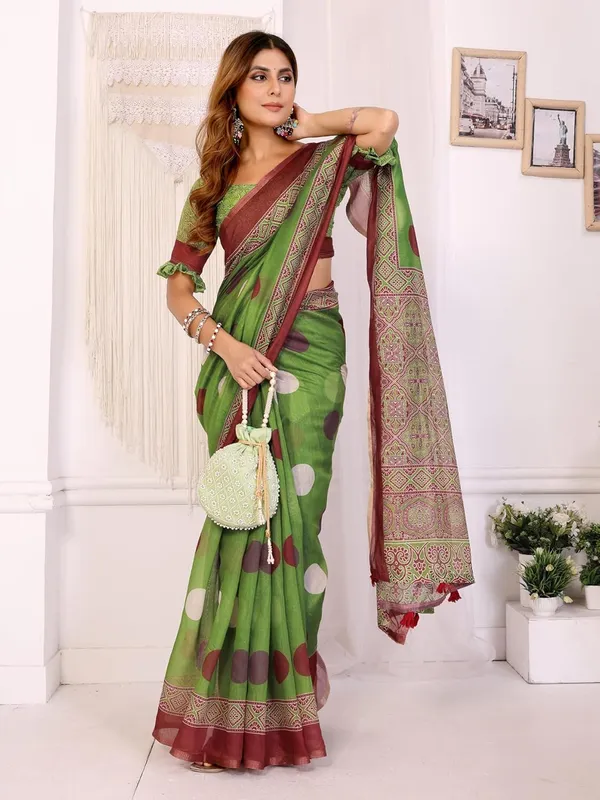 Women's_Elegant_Chanderi_Saree_with_Digital_Prints_|_Floral,_Leaf,_Geometric_&_Ethnic_Designs_|_Traditional,_Festive_&_Wedding_|_5.5m_Saree_+_0.8m_Blouse_(Green_with_Multi-color)