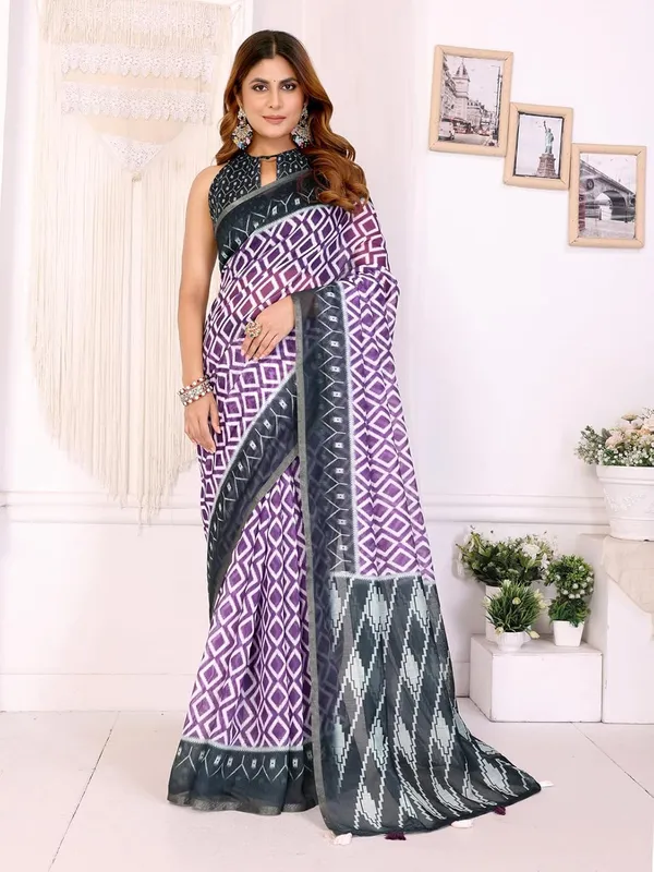 Women's_Elegant_Chanderi_Saree_with_Digital_Prints_|_Floral,_Leaf,_Geometric_&_Ethnic_Designs_|_Traditional,_Festive_&_Wedding_|_5.5m_Saree_+_0.8m_Blouse_(Purple_with_Black)
