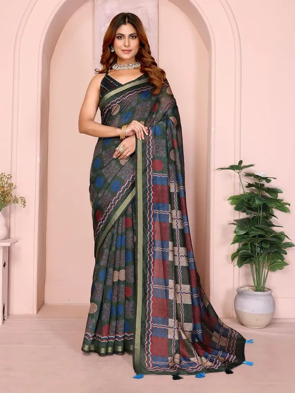 Women's_Chanderi_Silk_Saree_with_Digital_Printed_for_Women_|_For_Traditional,_Festive_&_Wedding_|_5.5m_Saree_+_0.8m_Blouse_(Dark_Green_Multicolor_Checkered)