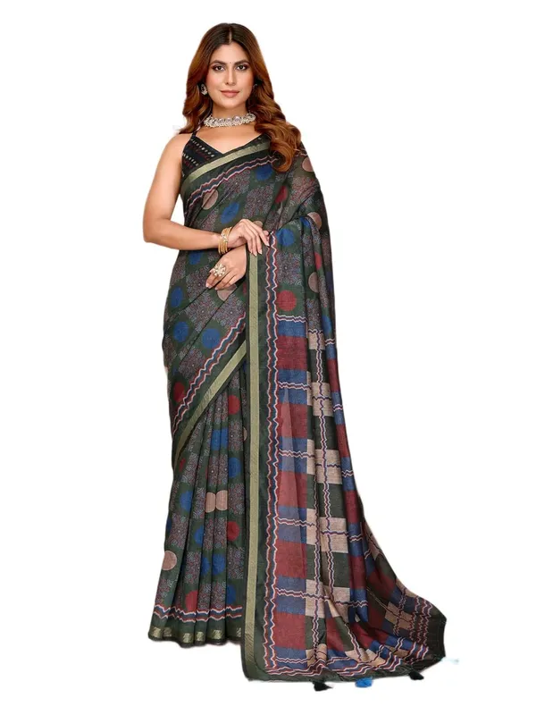 Women's_Chanderi_Silk_Saree_with_Digital_Printed_for_Women_|_For_Traditional,_Festive_&_Wedding_|_5.5m_Saree_+_0.8m_Blouse_(Dark_Green_Multicolor_Checkered)