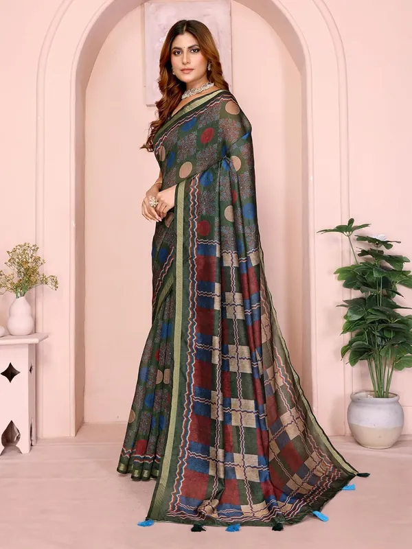 Women's_Chanderi_Silk_Saree_with_Digital_Printed_for_Women_|_For_Traditional,_Festive_&_Wedding_|_5.5m_Saree_+_0.8m_Blouse_(Dark_Green_Multicolor_Checkered)