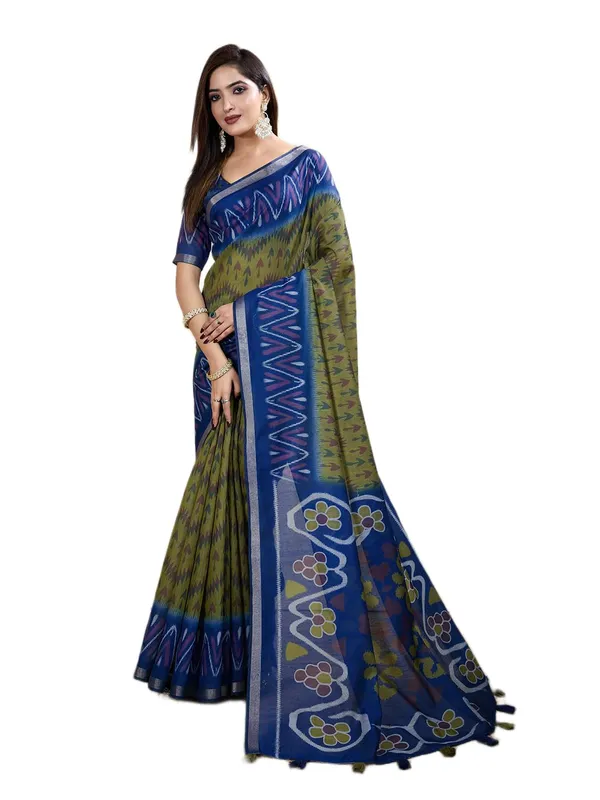 Women's_Chanderi_Silk_Saree_with_Digital_Printed_for_Women_|_For_Traditional,_Festive_&_Wedding_|_5.5m_Saree_+_0.8m_Blouse_(Olive_Green_&_Blue_Ikat)