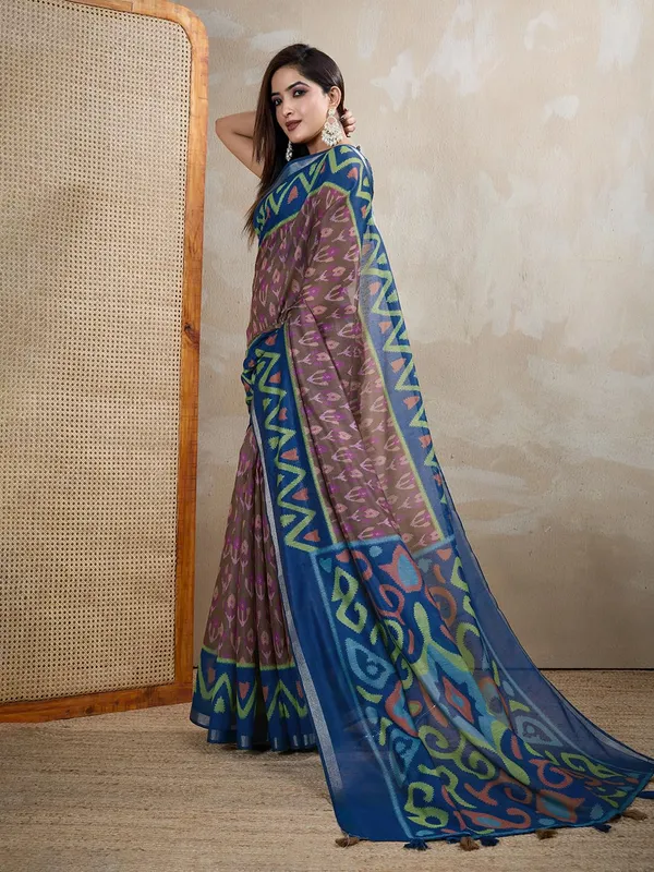 Women's_Chanderi_Silk_Saree_with_Digital_Printed_for_Women_|_For_Traditional,_Festive_&_Wedding_|_5.5m_Saree_+_0.8m_Blouse_(Brown_&_Blue_Ikat)