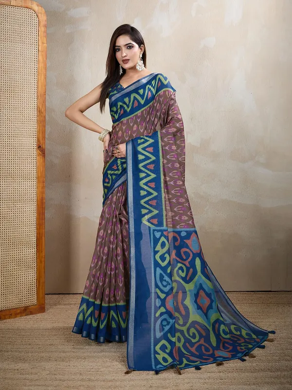 Women's_Chanderi_Silk_Saree_with_Digital_Printed_for_Women_|_For_Traditional,_Festive_&_Wedding_|_5.5m_Saree_+_0.8m_Blouse_(Brown_&_Blue_Ikat)