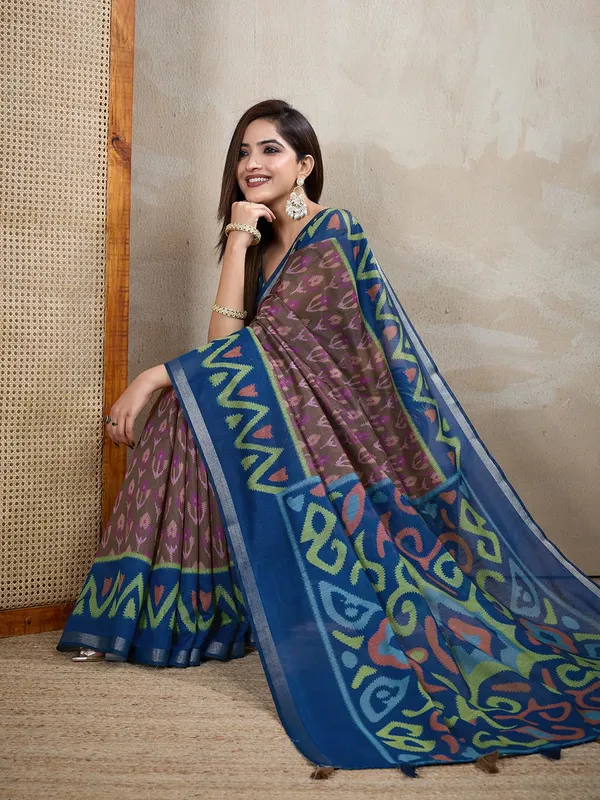 Women's_Chanderi_Silk_Saree_with_Digital_Printed_for_Women_|_For_Traditional,_Festive_&_Wedding_|_5.5m_Saree_+_0.8m_Blouse_(Brown_&_Blue_Ikat)