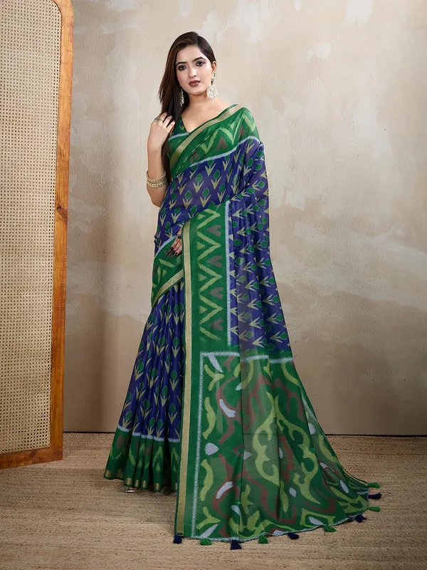Women's_Chanderi_Silk_Saree_with_Digital_Printed_for_Women_|_For_Traditional,_Festive_&_Wedding_|_5.5m_Saree_+_0.8m_Blouse_(Green_&_Blue_Ikat)