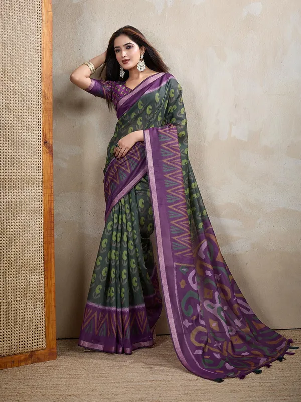 Women's_Chanderi_Silk_Saree_with_Digital_Printed_for_Women_|_For_Traditional,_Festive_&_Wedding_|_5.5m_Saree_+_0.8m_Blouse_(Dark_Green_&_Purple_Ikat)